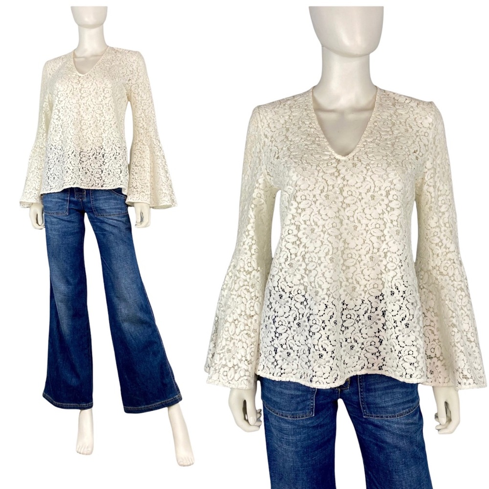 Vintage sheer see through floral white lace flared bell sleeve